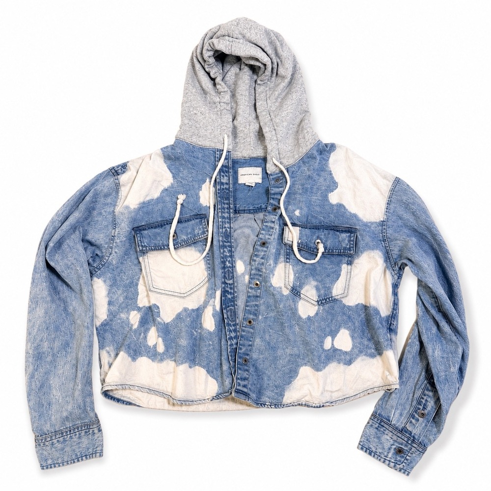 American Eagle Bleach Wash Cropped Denim Jacket Hoodie Blue White Womens Medium